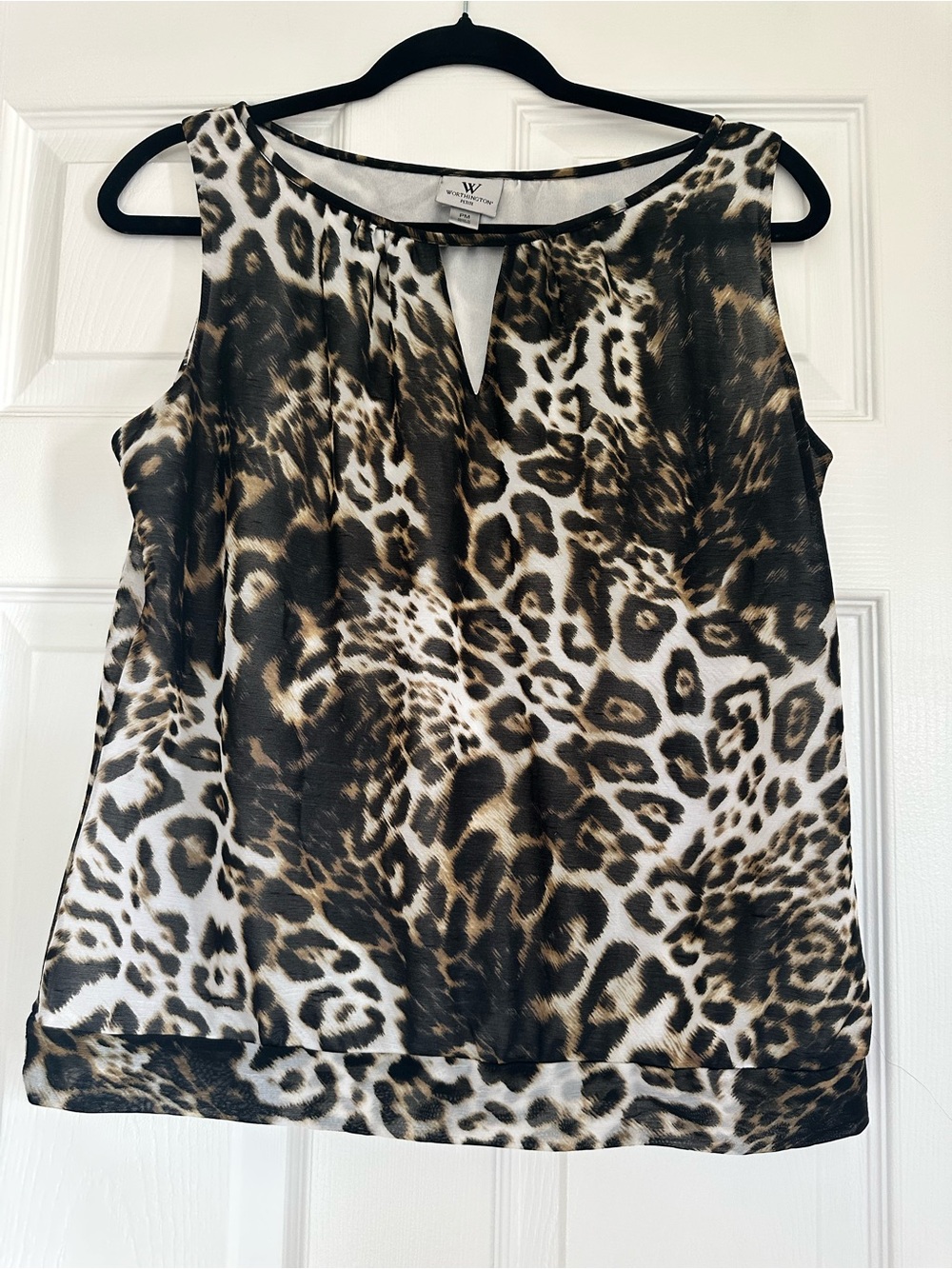 Worthington Petite PM Leopard Animal Print Sleeveless Blouse Keyhole